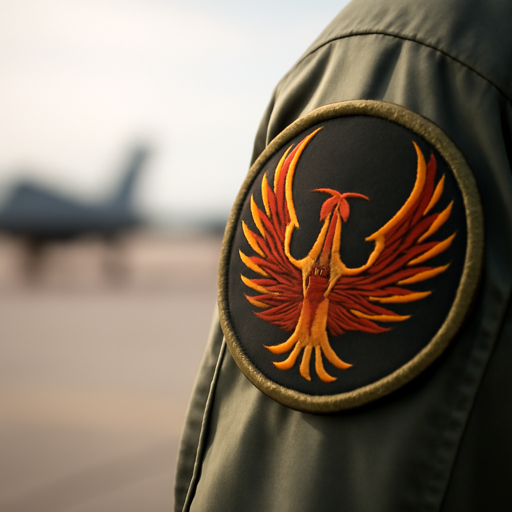 Close-up of a unit patch featuring a stylized firebird design.