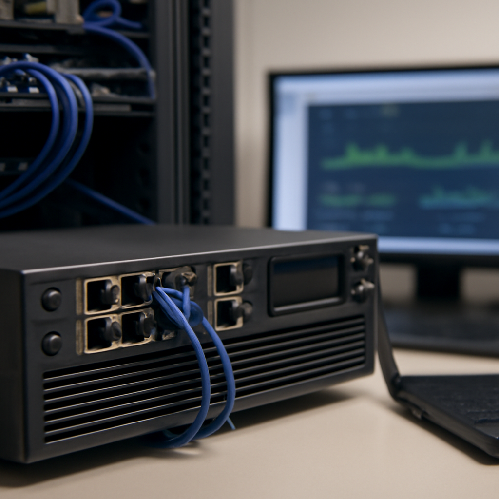 Network appliance sits idle in data center with blurred laptop screen in background.