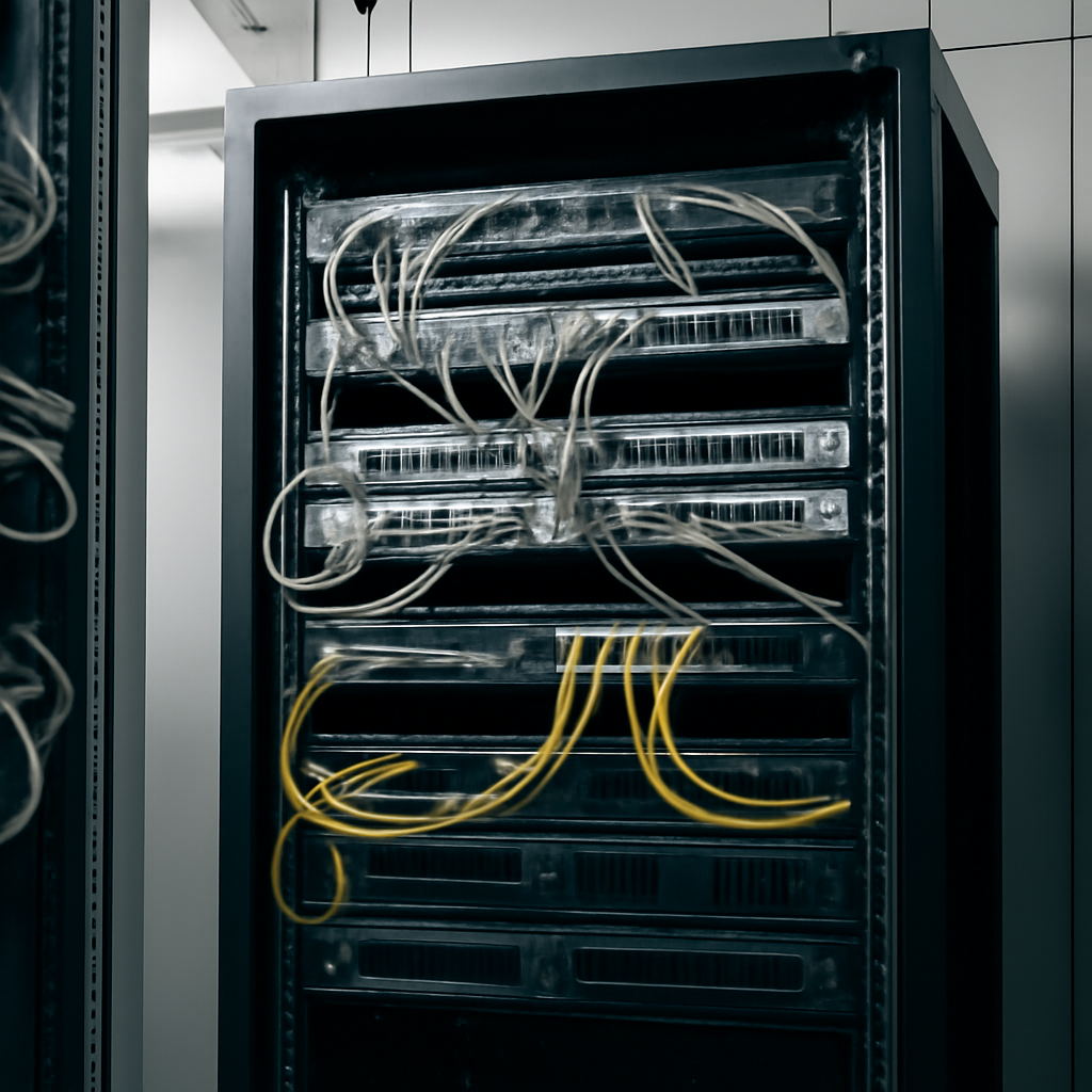 Network equipment cabinet with cables and patch panels in a brightly-lit data center.