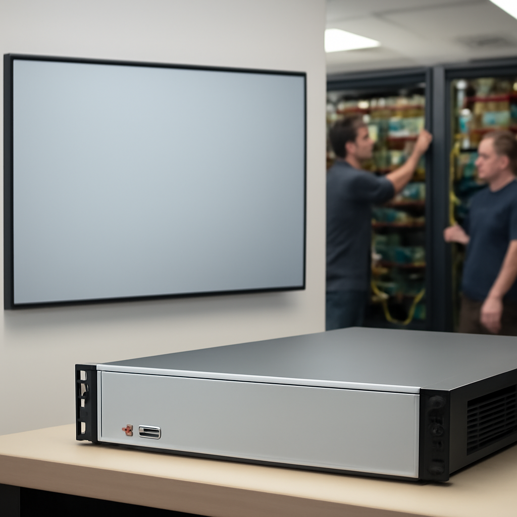 Network equipment and technicians in a blurred background with a prominent device or screen in the foreground.