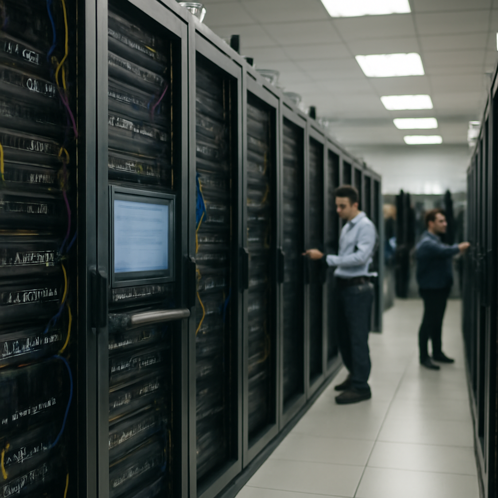 Rows of computer servers and networking equipment in a brightly-lit data center with technicians working in the background.