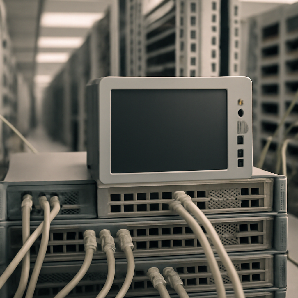 Rows of network equipment and cables in a well-lit server room with a central server or hardware appliance.