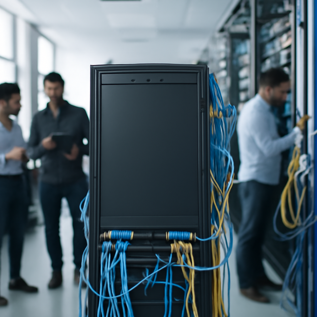 Technicians work in a data center with a prominent server rack surrounded by cables and equipment.