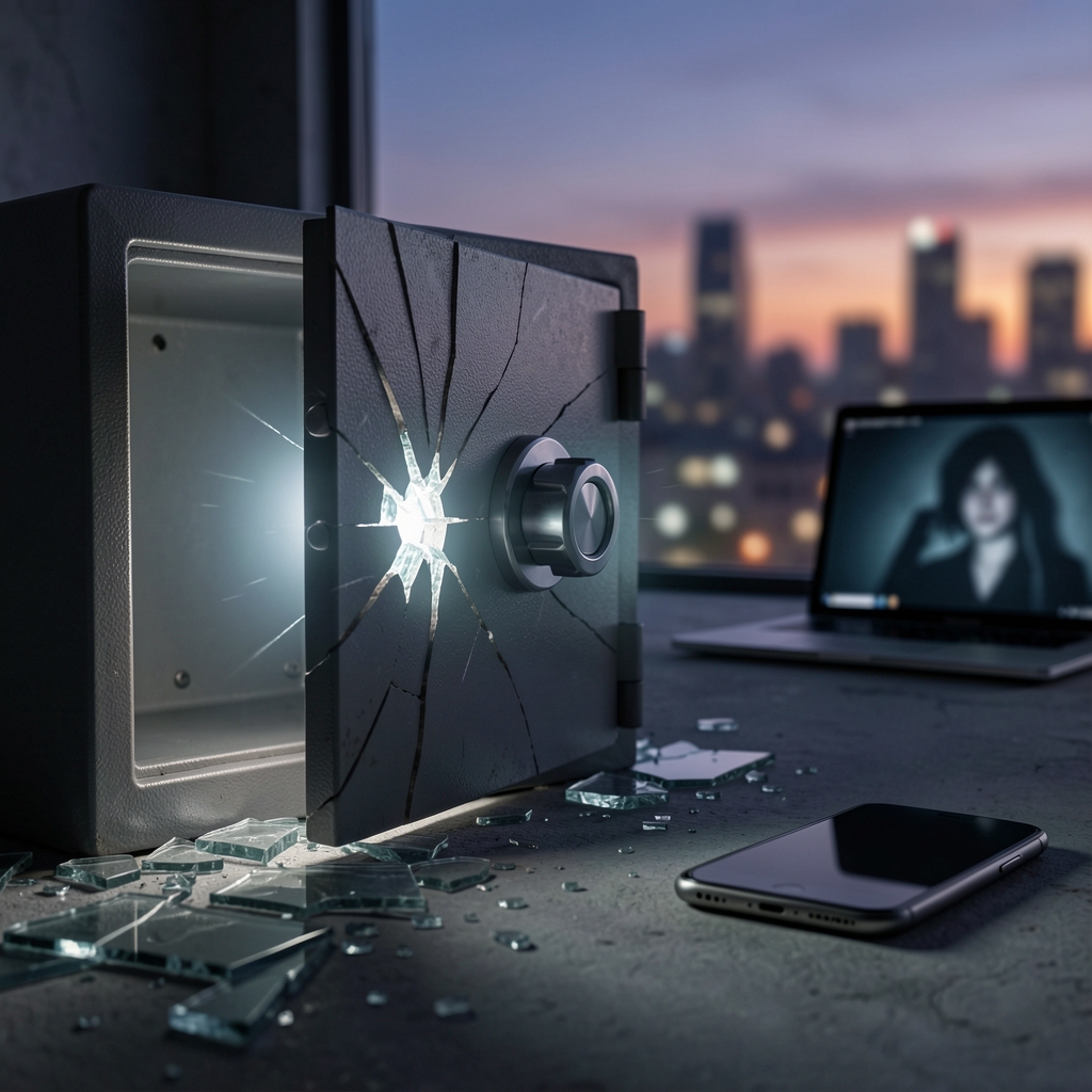Cracked safe with glowing interior, shattered glass, and tech devices nearby, ominous cityscape background.