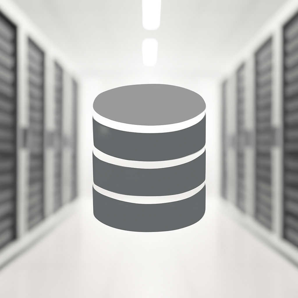 Rows of disk storage arrays in a brightly-lit server room with a blurred database console in the foreground.