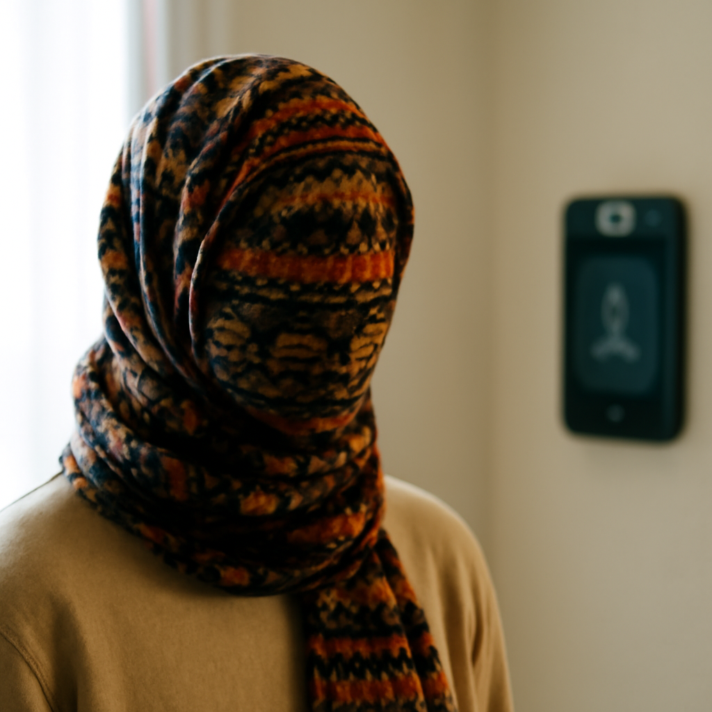 Person wearing patterned clothing with face partially obscured, standing near blurred surveillance device.