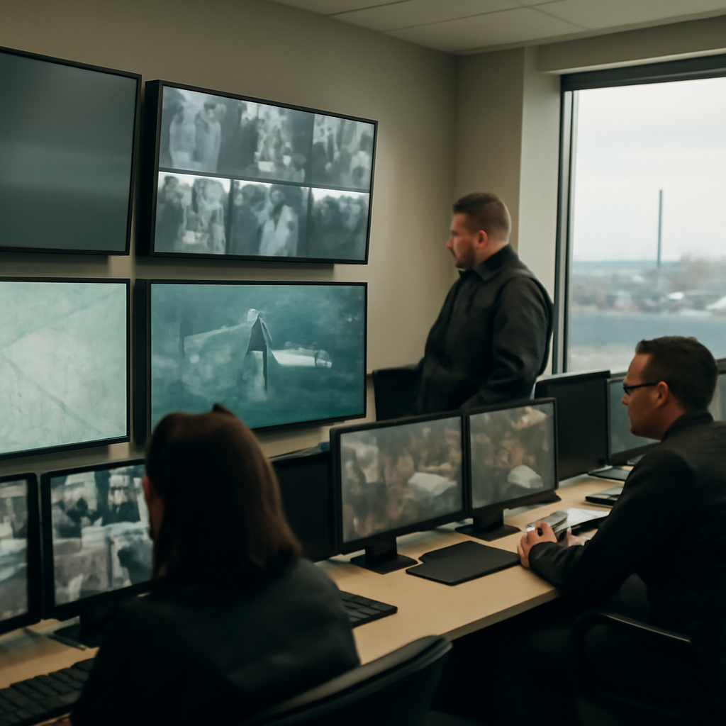 Security personnel monitor traditional and advanced equipment in a command room overlooking a cityscape.