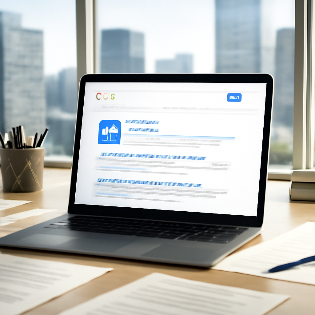 Modern office setting with laptop showing fake AI brand ad and cityscape in background.