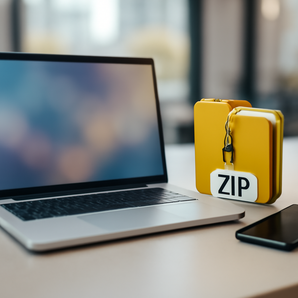 Laptop on a plain surface with open screen and blurred display, beside a partially unzipped archive file.