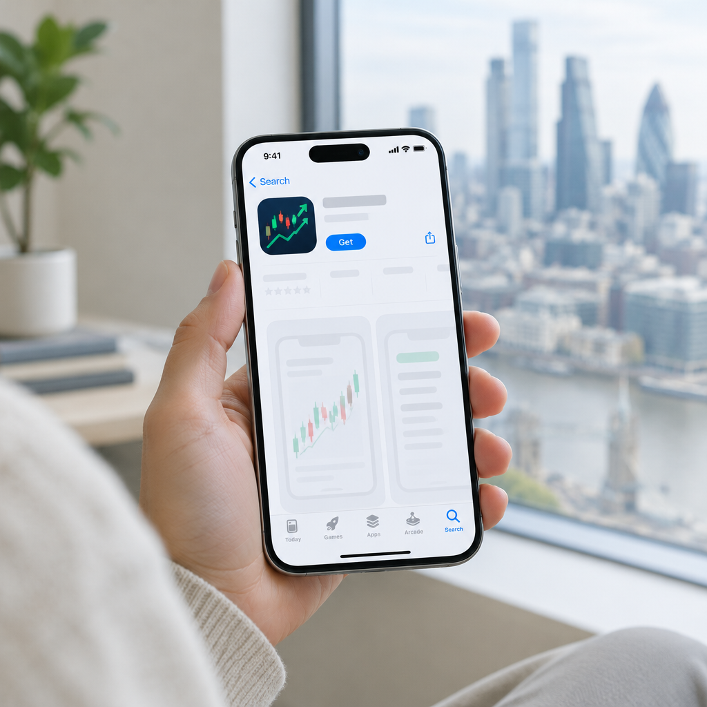 Person holding iPhone with blank App Store page and generic trading platform icon.
