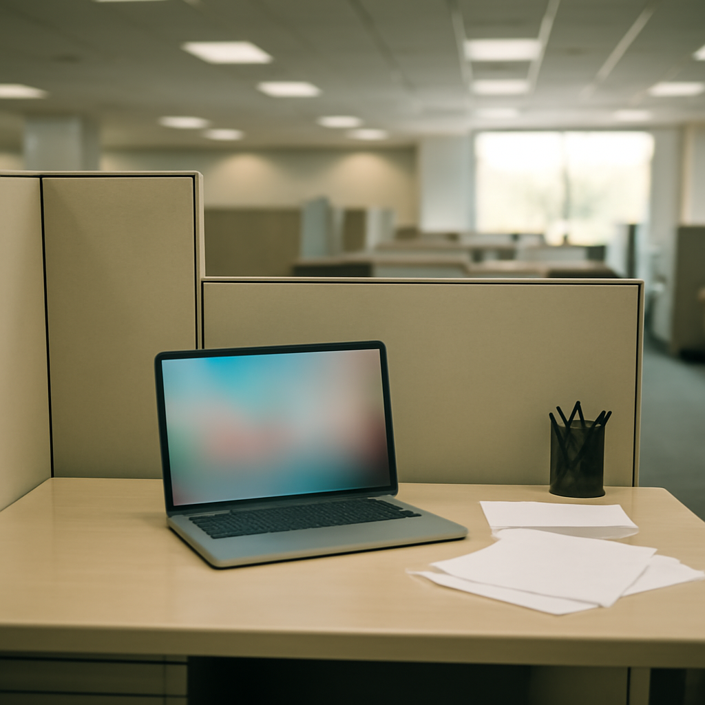 Empty office cubicle with laptop and scattered papers, blurred office background.