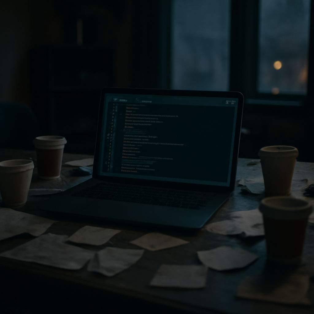 Cluttered developer's workstation with laptop, code editor, and scattered papers.