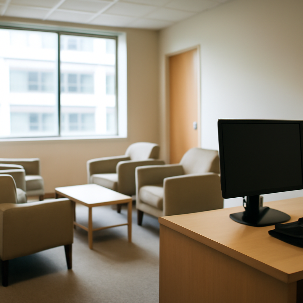A brightly lit office waiting area with chairs, a coffee table, and a desk with a blurred computer screen, overlooking a…