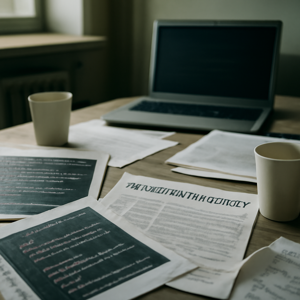Cluttered desk with scattered code printouts, vulnerability reports, and empty coffee cups.