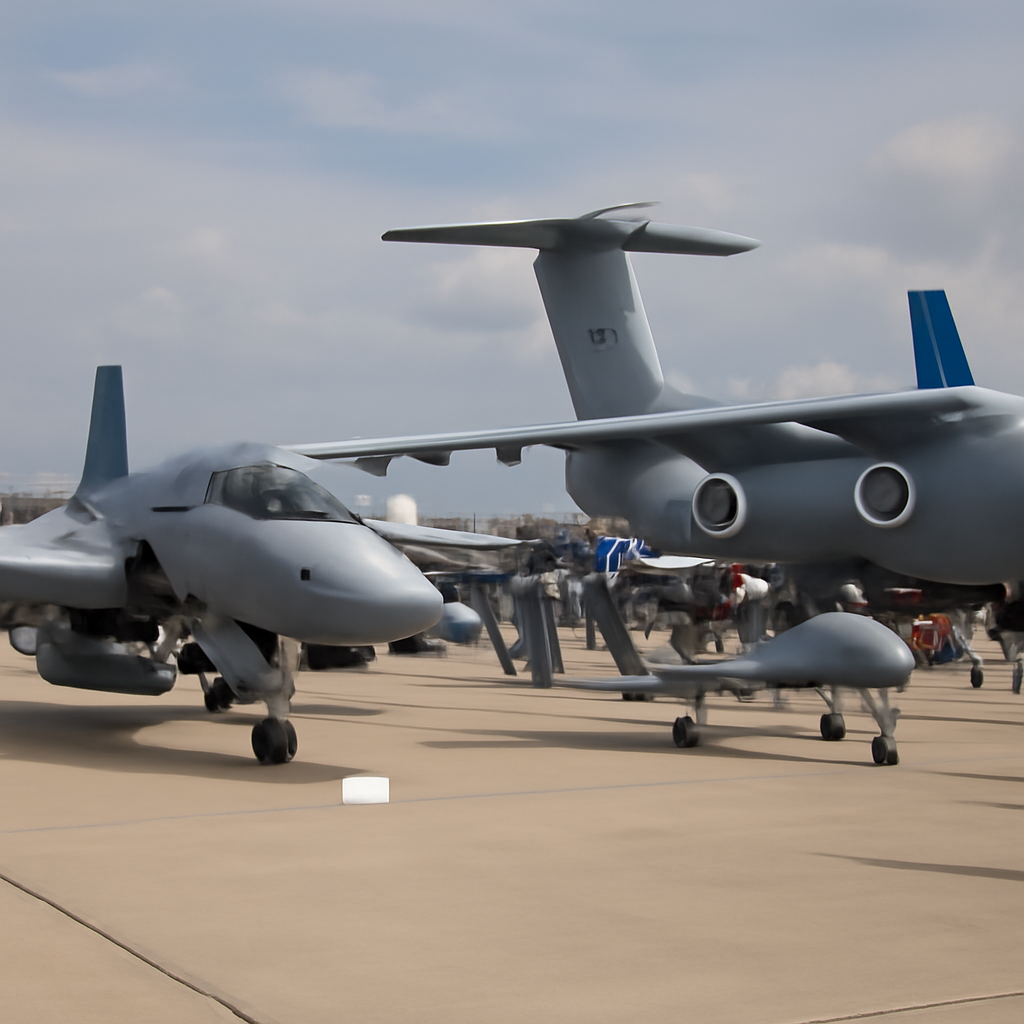 Military and commercial aircraft on display at a busy air show with attendees walking in the background.