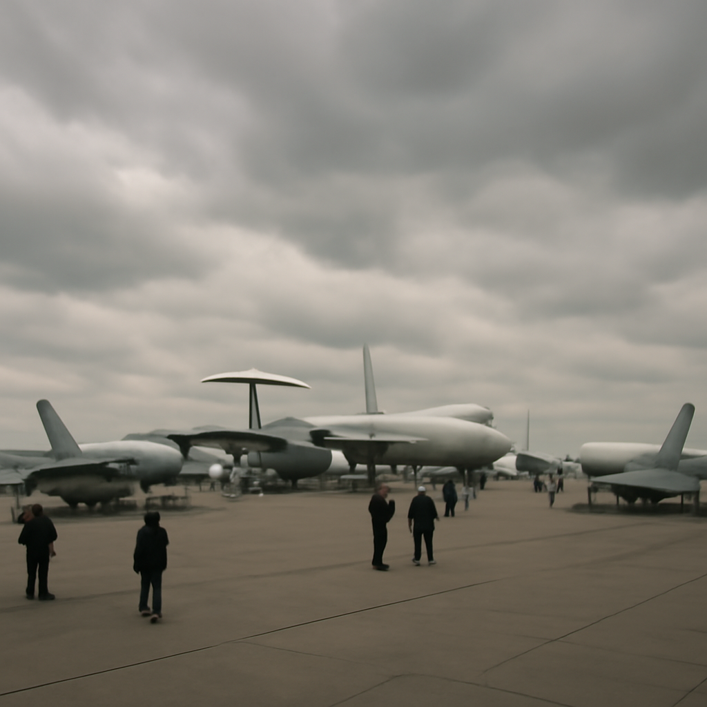 Aircraft on display at an airshow under a cloudy daytime sky.