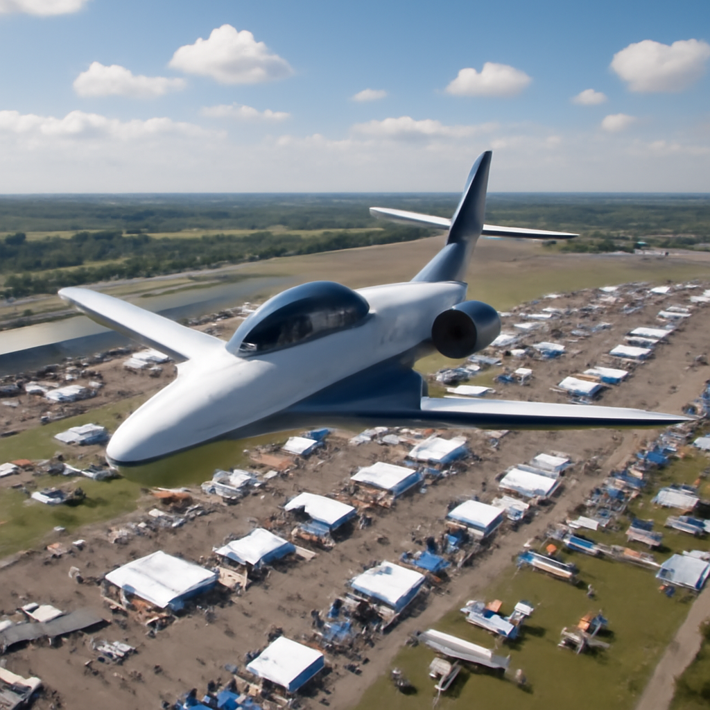 A modern aircraft soars above a UK airshow with various aircraft and booths below.