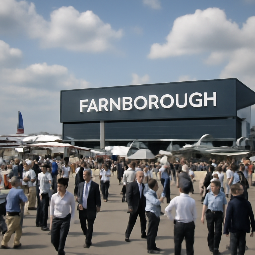 Bustling Farnborough Airshow exhibition hall with aircraft on display and attendees milling about.