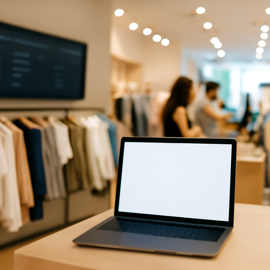 Retail store interior with clothing racks and a blurred digital display.