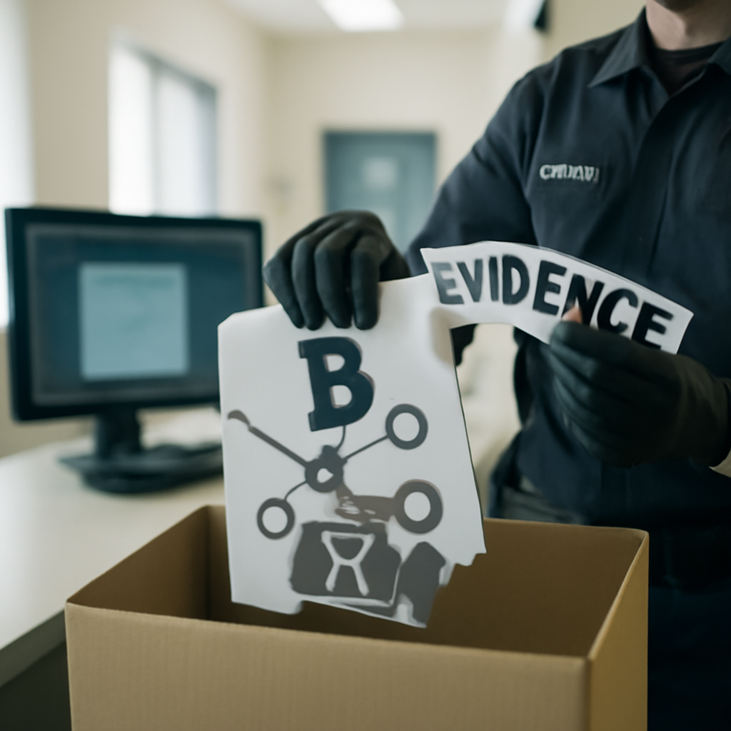 Law enforcement officials surround a dismantled cryptocurrency symbol.
