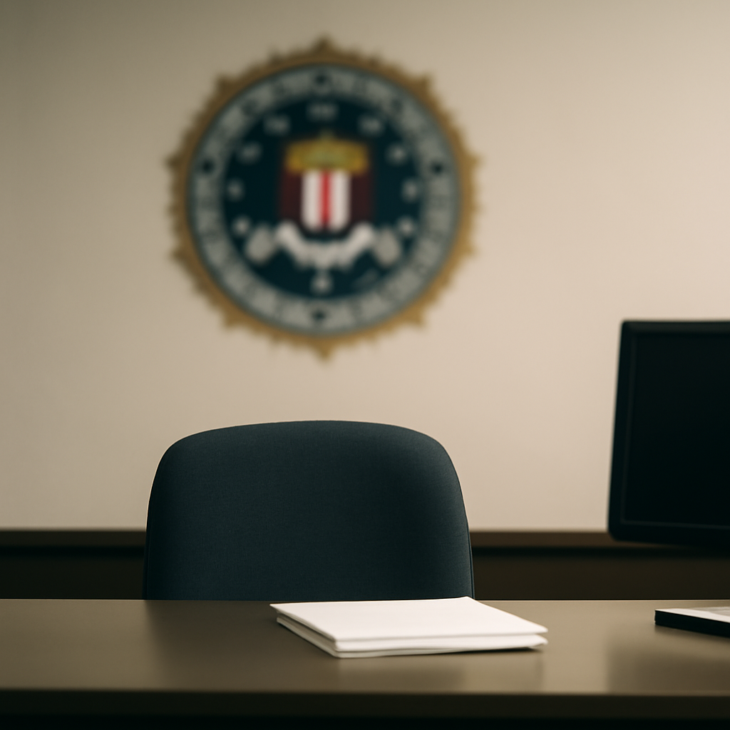 FBI emblem in background, empty chair in foreground, conveying seriousness.