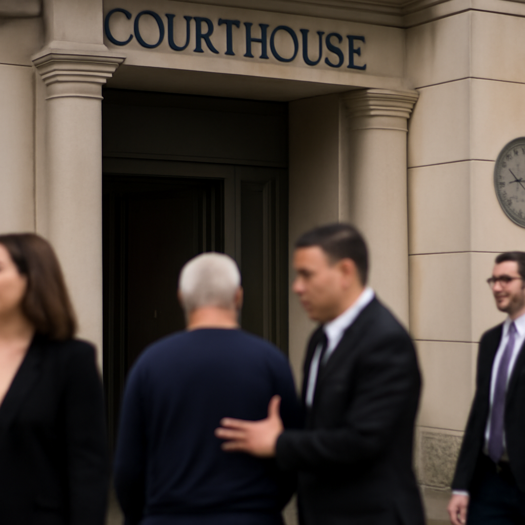 Federal courthouse exterior with people in professional attire walking in and out of frame.