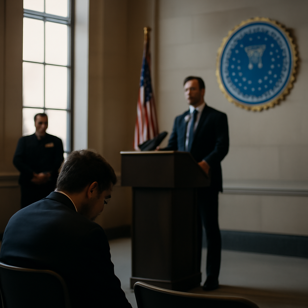 Law enforcement scene with blurred FBI emblem in background and single figure in foreground.