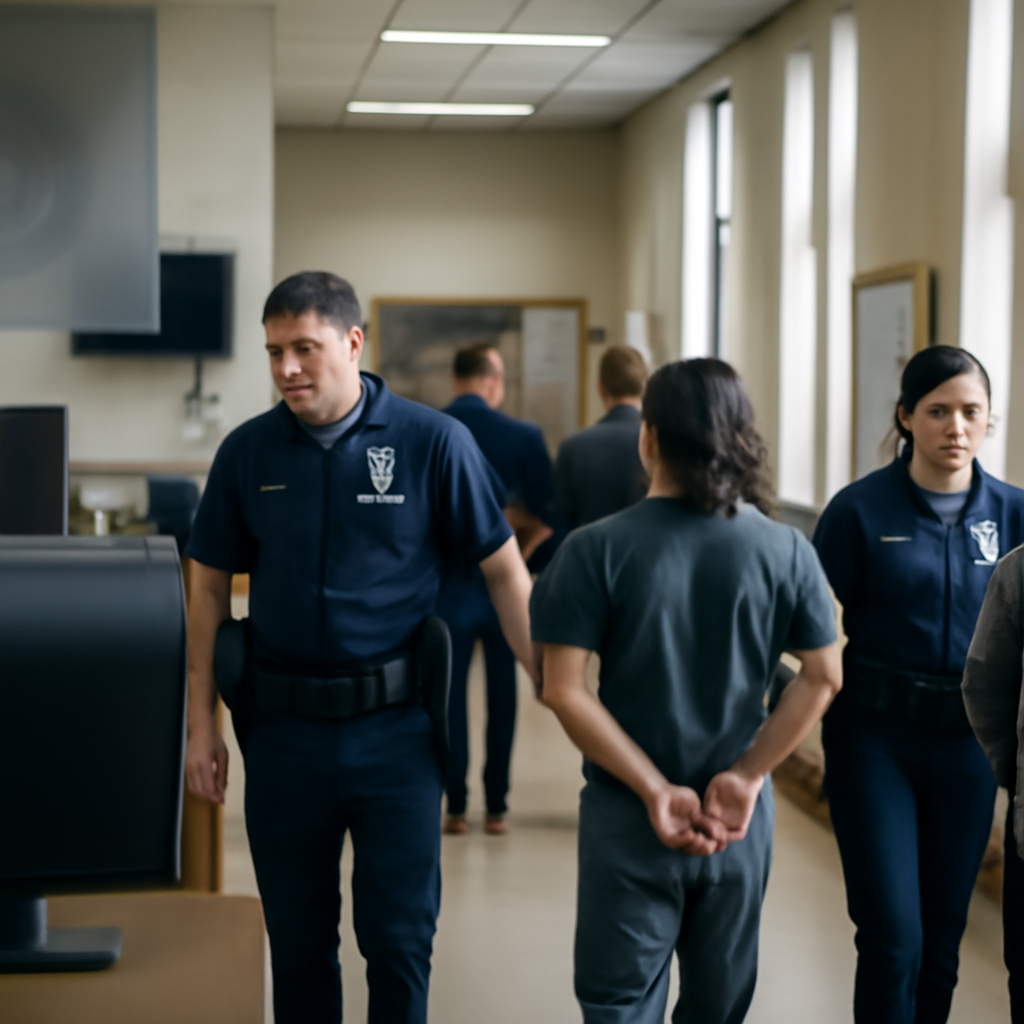 Law enforcement officers escort handcuffed individuals in a formal government setting.