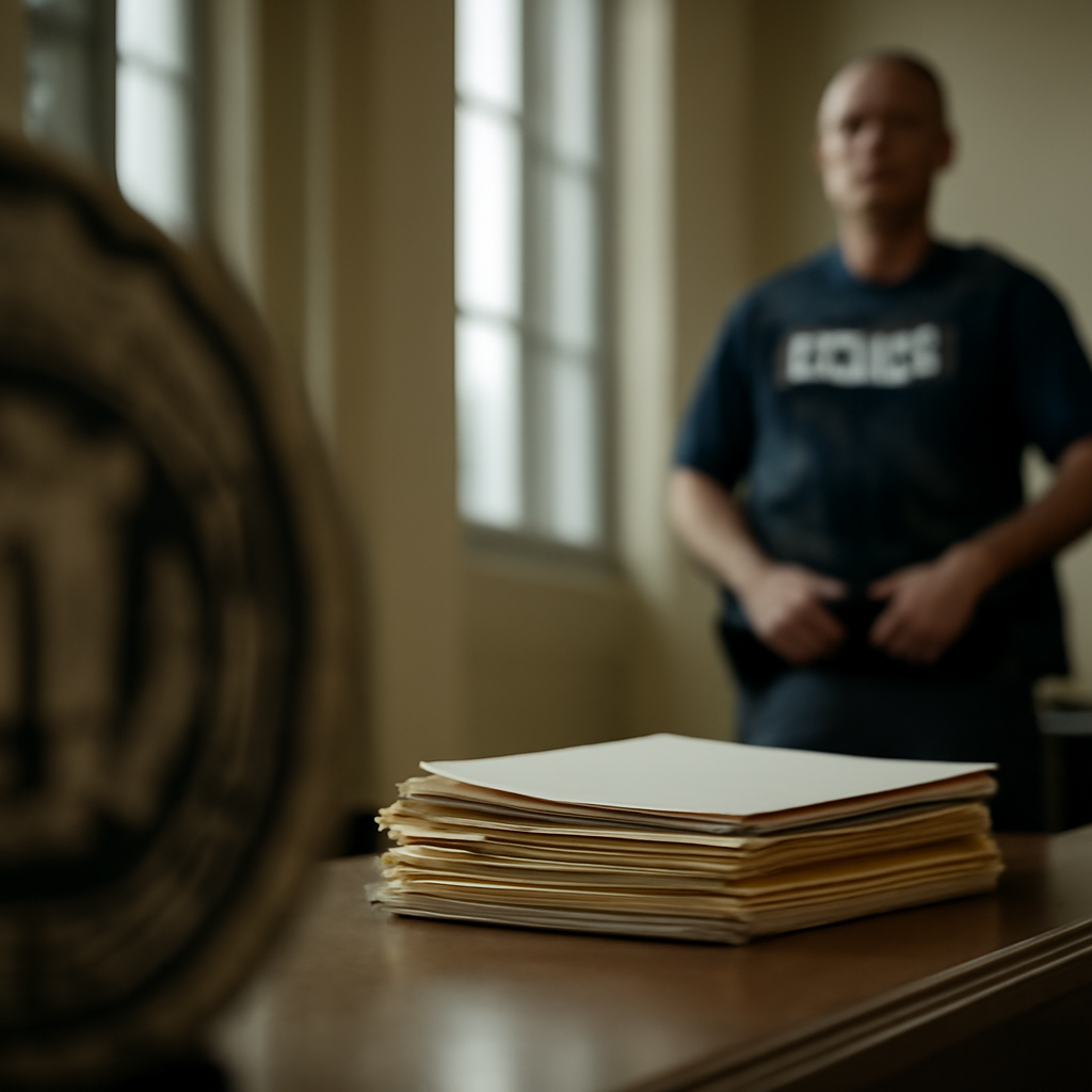 Federal law enforcement facility with blurred foreground figure.