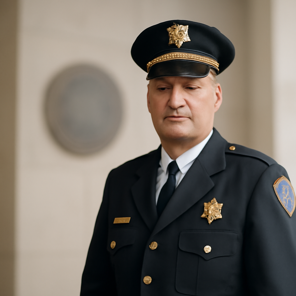 Law enforcement officer stands in formal setting near official plaque or seal.