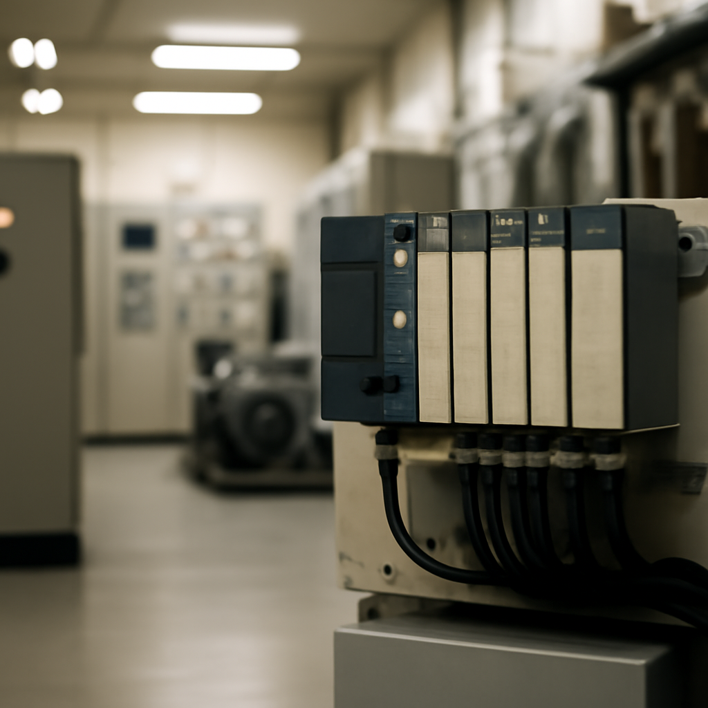 Industrial control room with a programmable logic controller in the foreground.