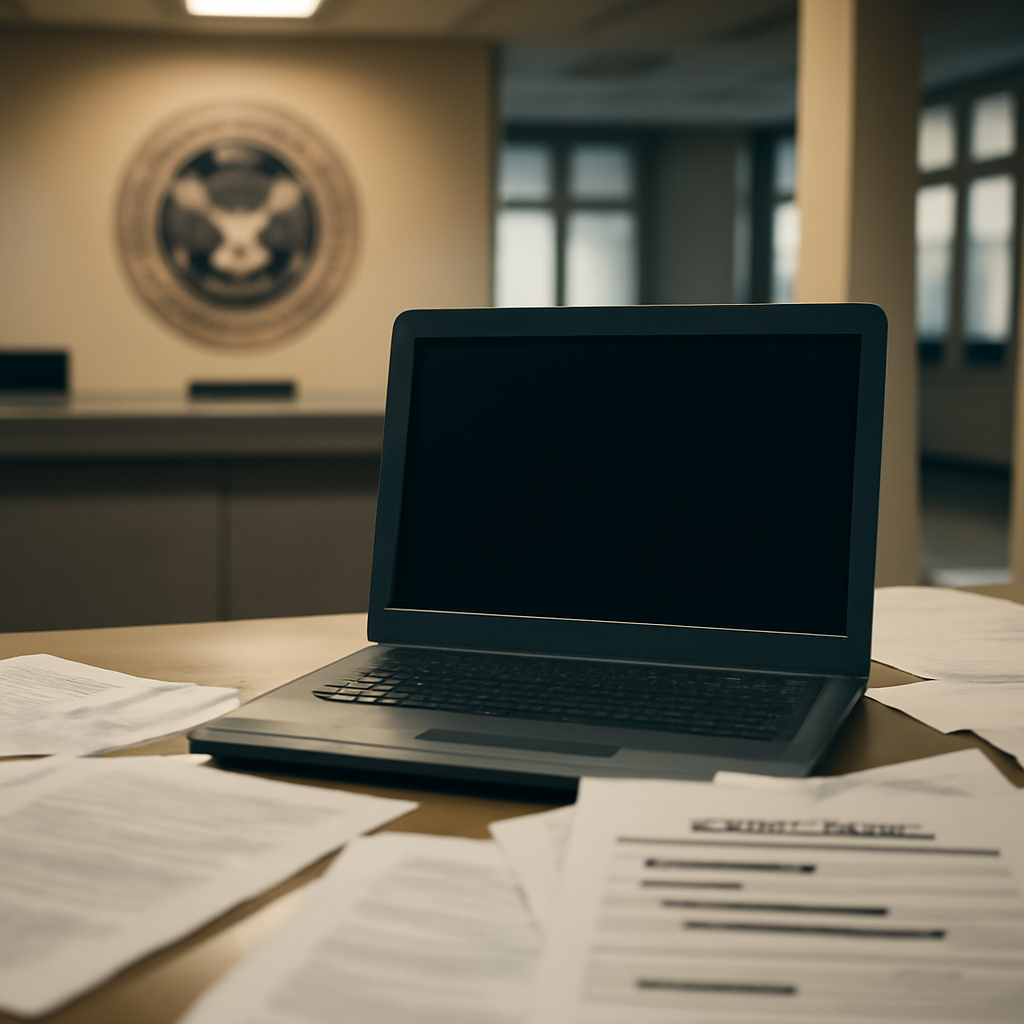 Government office interior with blurred emblem and laptop surrounded by scattered papers.