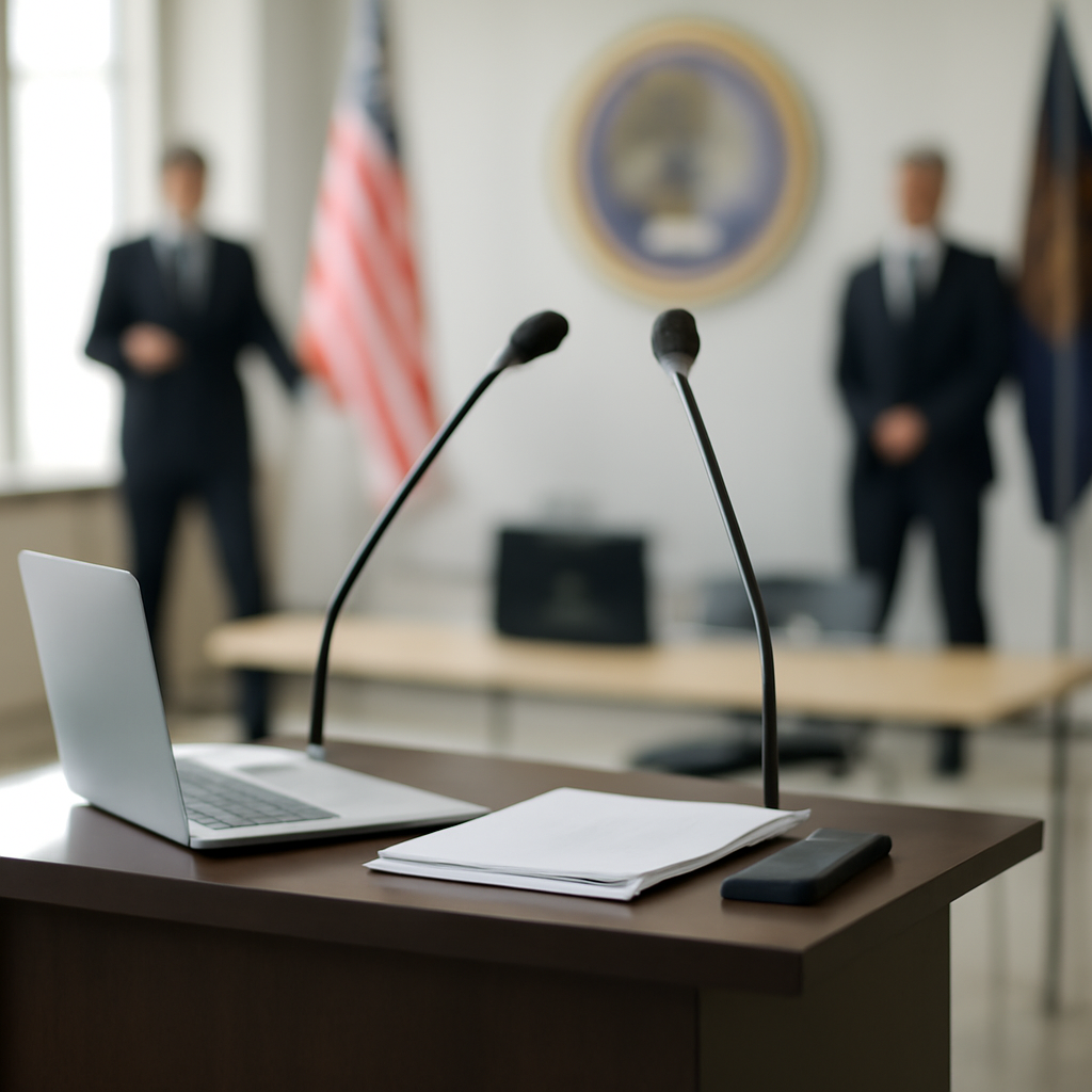 Law enforcement officials stand near a podium with symbolic objects, including a laptop and papers, in a brightly-lit…