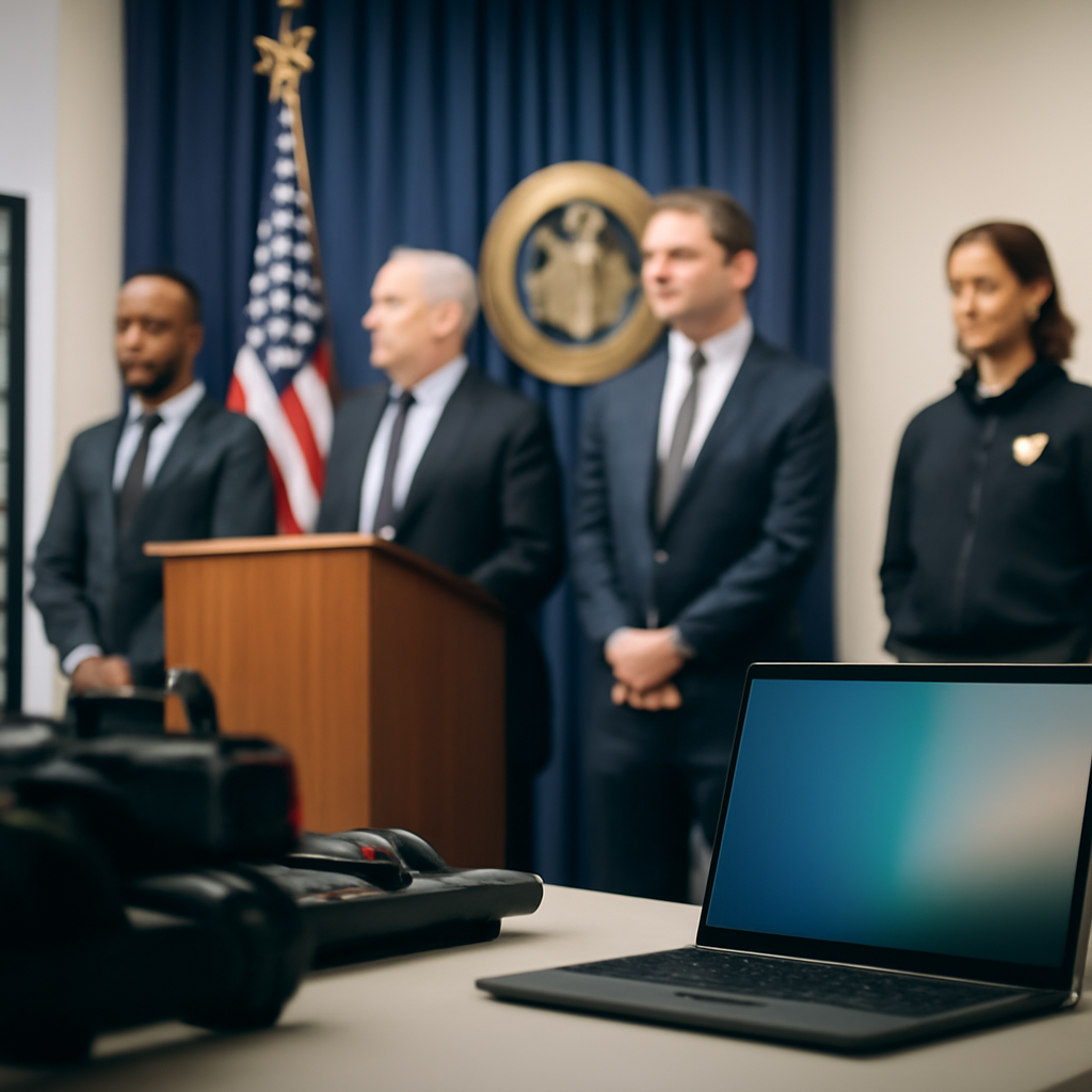 Law enforcement officials stand in a brightly-lit press conference room with subtle hints of technology and cybersecurity…