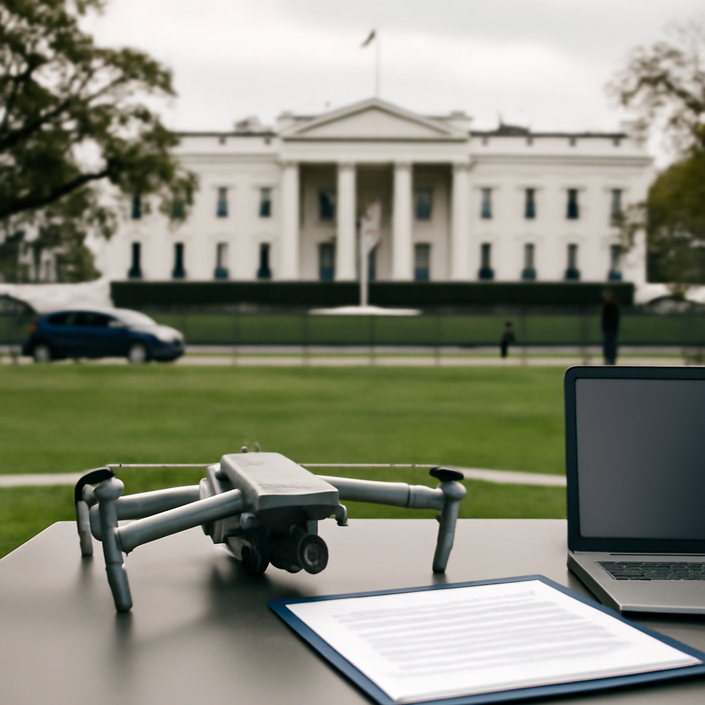 White House South Lawn with security measures in background and drone in foreground.