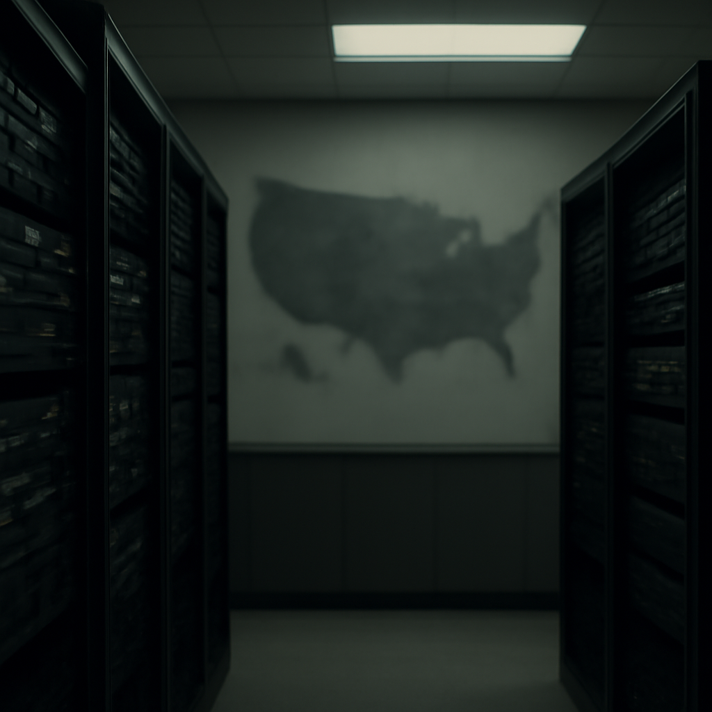 Dimly lit server room with rack-mounted equipment and a blurred US map in the background.