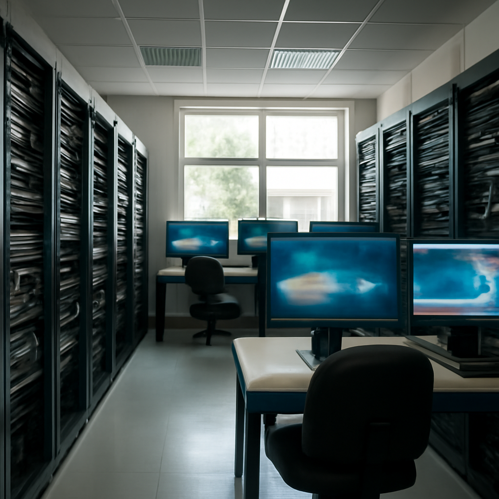 Rows of computer servers and networking equipment in a bright, institutional server room with screens displaying data and a…