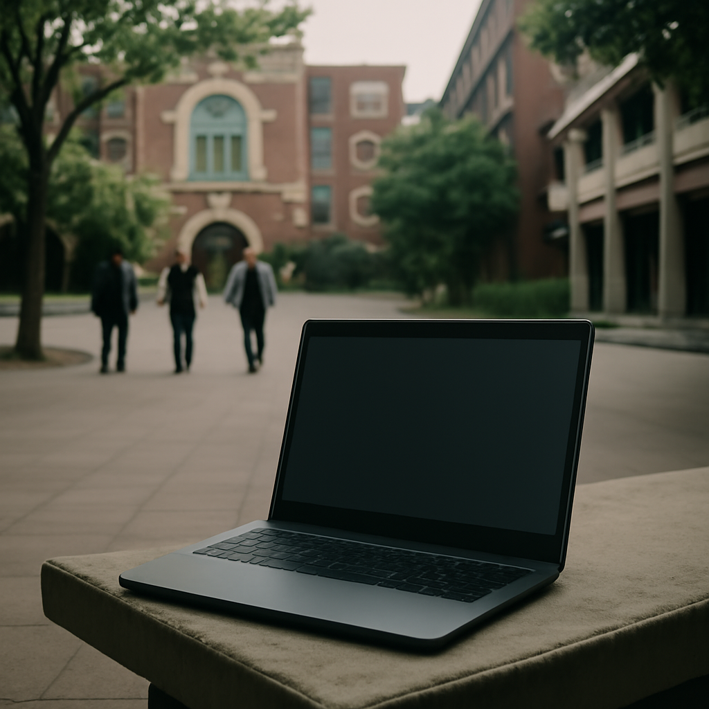 Students walk in a quiet university courtyard with a laptop on a bench.
