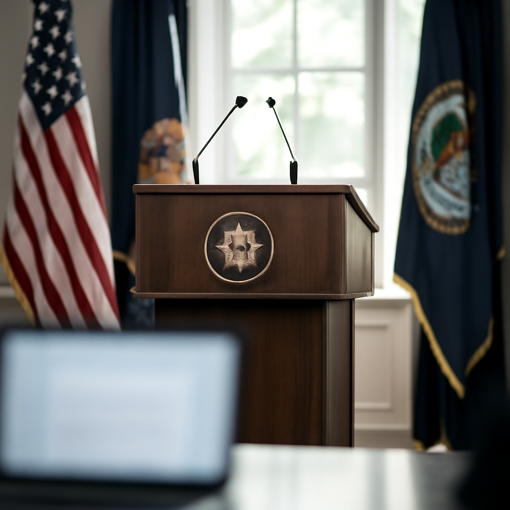 Formal government briefing room with podium, American flags, and seals, daylight streaming through tall windows.