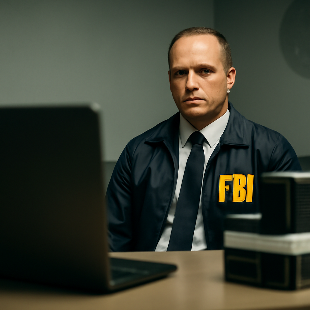 Law enforcement officer sits at desk with blank computer screen behind.