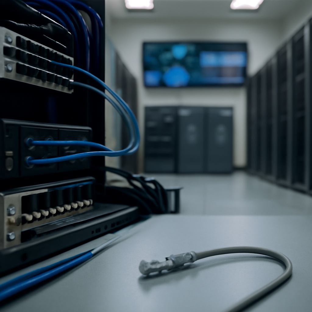 Rows of computer equipment racks and servers in a generic server room or network operations center.