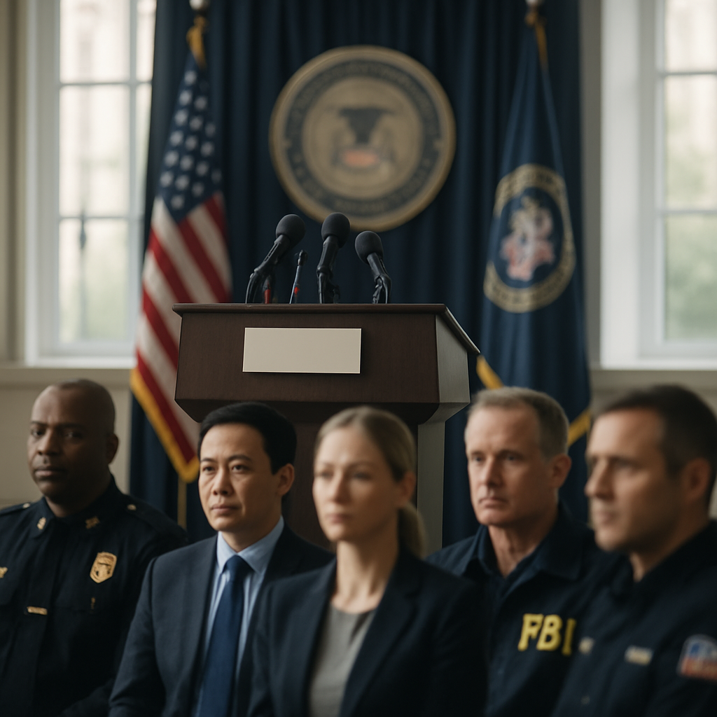Government officials stand at a podium in a briefing room with a blurred emblem in the background.
