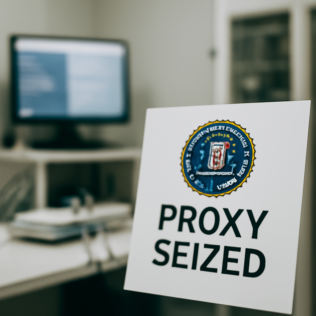 Law enforcement officials surround a computer server setup in a secure facility.