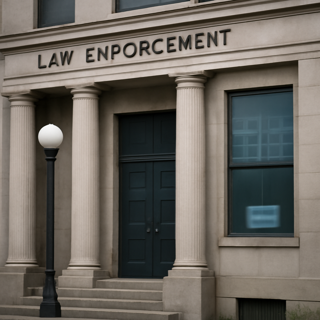 Law enforcement building exterior with subtle computer setup in background.
