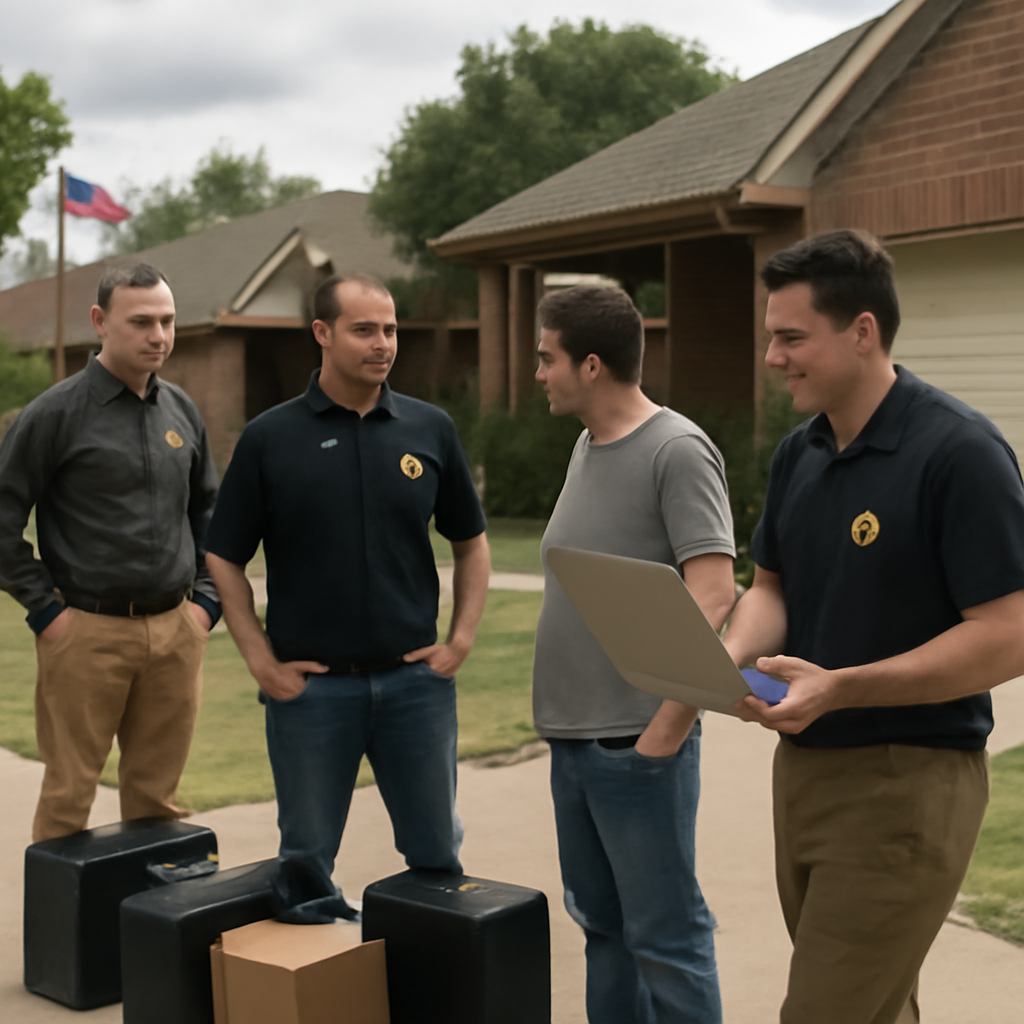 Law enforcement officers stand in a suburban Texas neighborhood with equipment cases nearby.