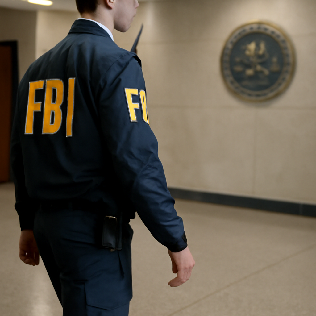 Law enforcement agent standing in front of a federal building with a badge and notebook.