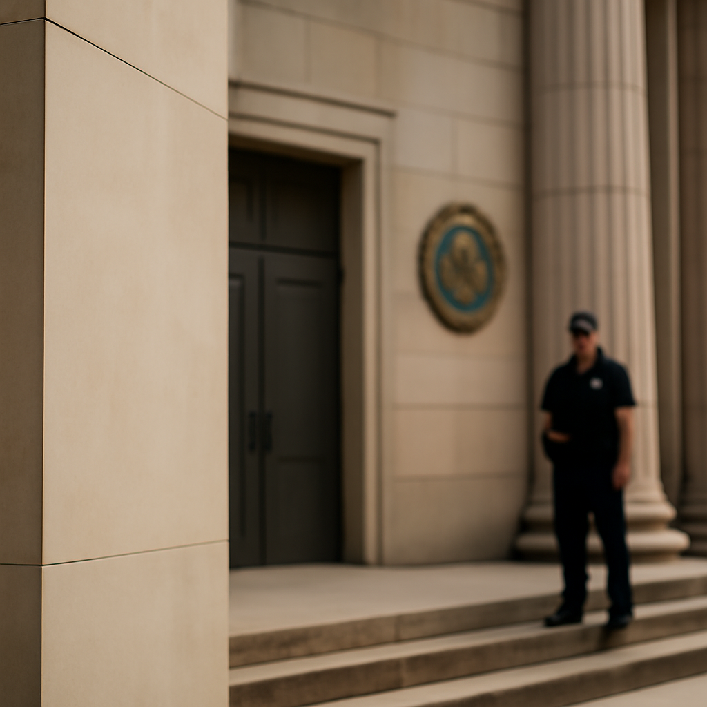 Courthouse exterior with blurred law enforcement officer in background.