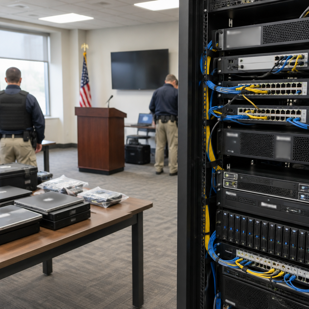 Law enforcement officials stand behind seized computer server equipment.