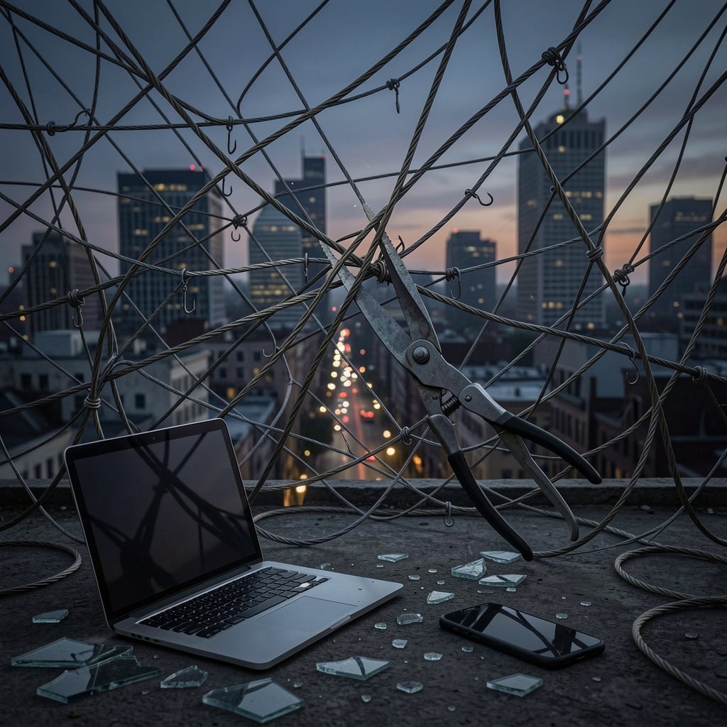 Dark cityscape with severed tangled fishing lines, abandoned laptop and phone in foreground.