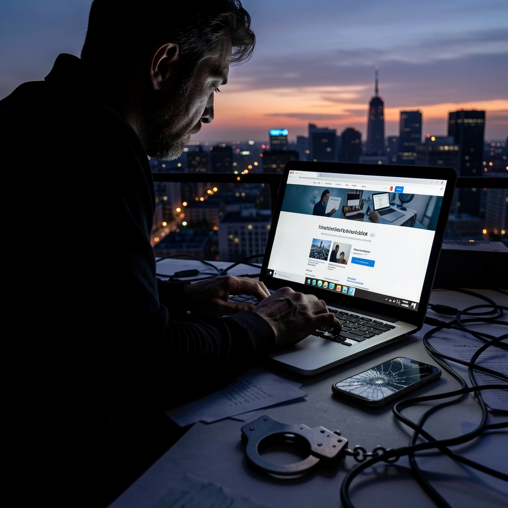 Shadowy figure hunched over laptop with fake website, surrounded by disarray and handcuffs.